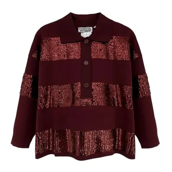 ESSENTIEL ANTWERP Illuminati Sequin Striped Polo Shirt in Wine S